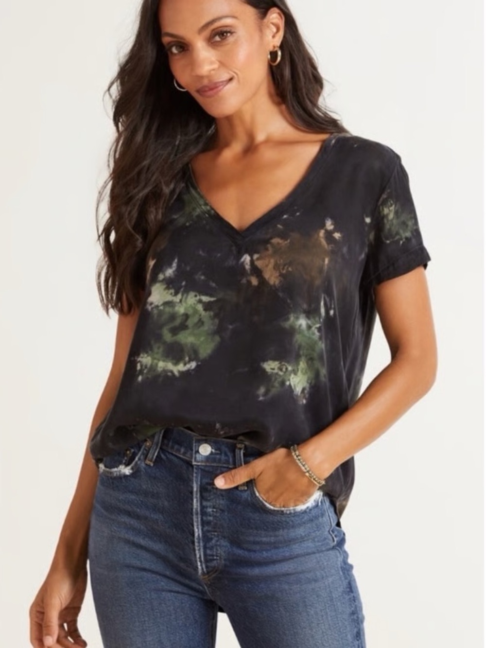 Anthropologie Cloth & Stone Green Black Tie Dye V-Neck T-Shirt Camo Size XS